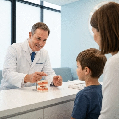 Orthodontist explaining treatment options to a child and parent in a modern clinic