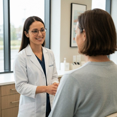 Adult patient discussing treatment options with an orthodontist, modern clinic setting, no text, no words, no typography, clean image