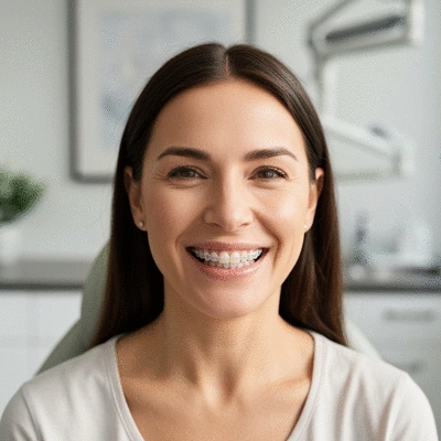 Female adult patient smiling in an orthodontist's office, showing clear aligners, natural light, no text, no words, no typography, clean image