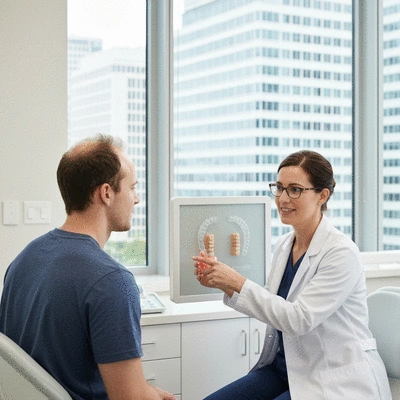 Adult patient consulting orthodontist, discussing treatment plan with clear aligners