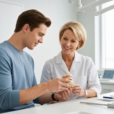 Adult patient consulting with an orthodontist, pointing at a dental model