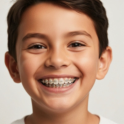 Child smiling with healthy, aligned teeth and braces