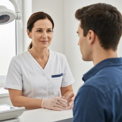 Professionnel de la santé dentaire discutant avec un patient lors d'une consultation, mettant en avant la communication et le conseil personnalisé, no text, no words, no typography, clean image, 8K