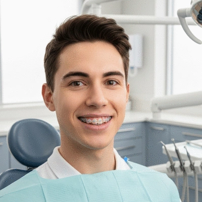 Close-up of a patient with clear aligners on their teeth, showing a subtle orthodontic treatment process
