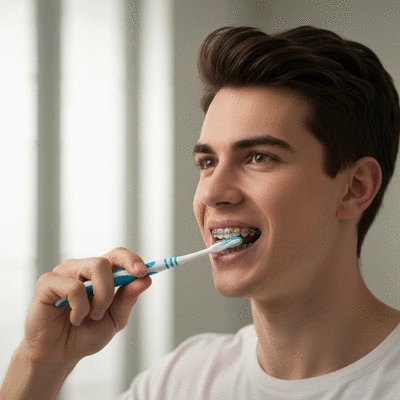 Person brushing teeth with braces
