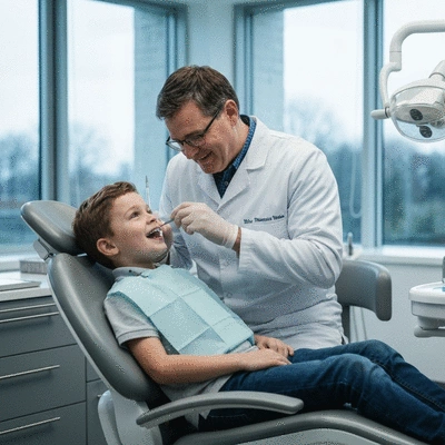 Orthodontist examining a child's teeth in a modern dental office