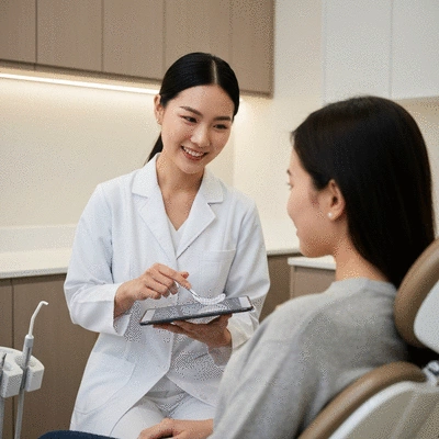 Orthodontist discussing treatment options with a patient, showing clear aligners or braces on a tablet, in a professional and reassuring manner.