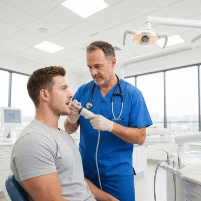 Female patient smiling, showing clear aligners on teeth, in a modern dental office setting, bright and clean, focus on teeth and smile