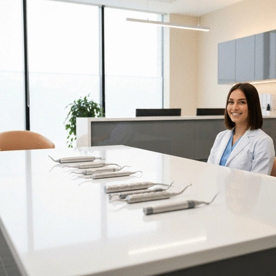 Modern dental office interior with orthodontic tools and a friendly receptionist, no text, no words, no typography, 8K