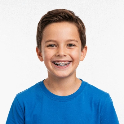 Child smiling with braces, happy and confident