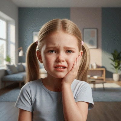 Child with a worried expression holding their cheek, indicating tooth pain