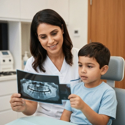 Child looking at an X-ray of their teeth with a dental professional