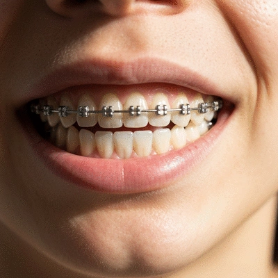 Close-up of a person's mouth with lingual braces, showing the discreet placement behind the teeth, no text, no words, no typography, clean image