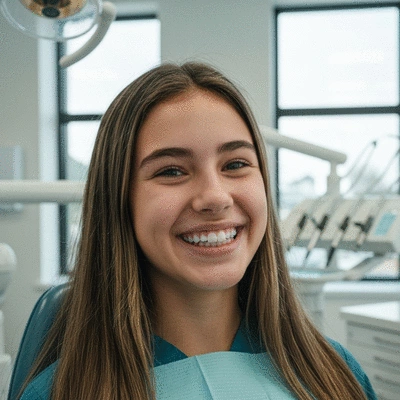 Adolescent souriant dans un cabinet dentaire moderne, focus sur les dents alignées, no text, no words, no typography, clean image