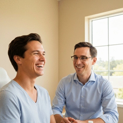 Happy adult patient consulting an orthodontist about clear aligners