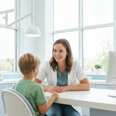 Child consulting with a friendly orthodontist, bright and clean office, no text, no words, no typography, 8K