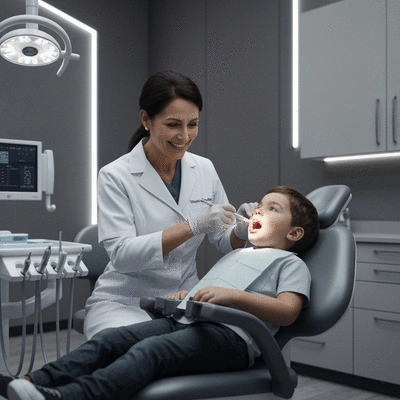 Orthodontist examining child's teeth in a modern dental office