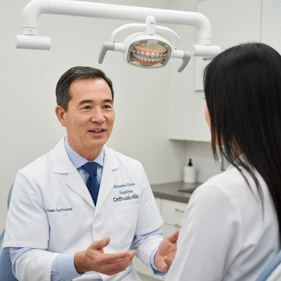Orthodontist consulting with a patient in a modern dental office, discussing treatment options. No text, no words, no typography, clean image.