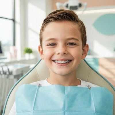 Child smiling with clear aligners, representing Invisalign treatment