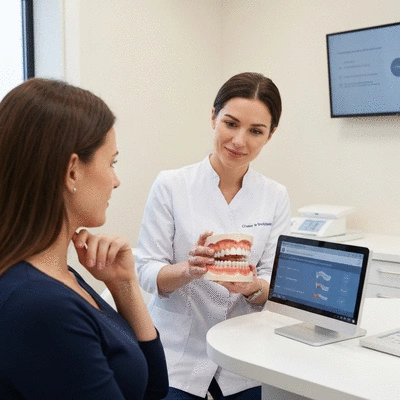 Orthodontist consulting with a patient about clear aligners, showing a 3D model of teeth, professional and clean dental clinic setting, no text, no words, no typography, clean image, 8K