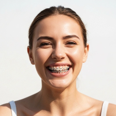 Personne souriante avec un appareil dentaire discret