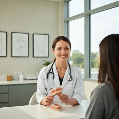 Orthodontist explaining treatment to a patient using a dental model, in a modern, clean clinic setting