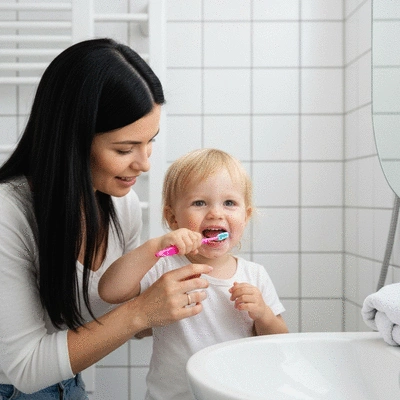 Child brushing teeth with parent supervising, emphasizing good oral hygiene habits, no text, no words, no typography, 8K