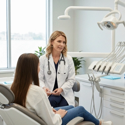 Female orthodontist explaining dental treatment to a young patient with aligners, in a modern dental office, professional, clean, no text, no words, no typography, no labels, clean image