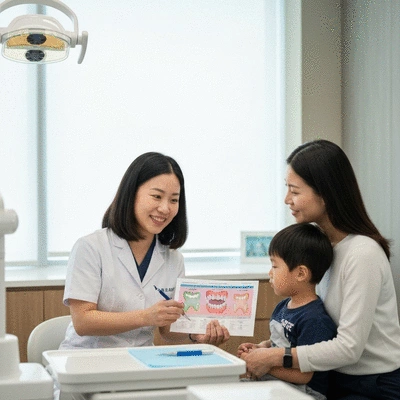 Dentist explaining dental chart to a child and parent, no text, no words, no typography, clean image