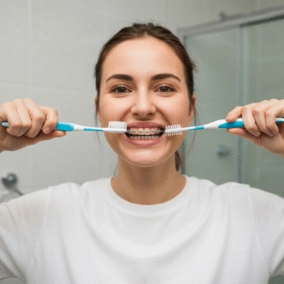 Brosse à dents et fil dentaire utilisés pour l'hygiène bucco-dentaire avec un appareil orthodontique