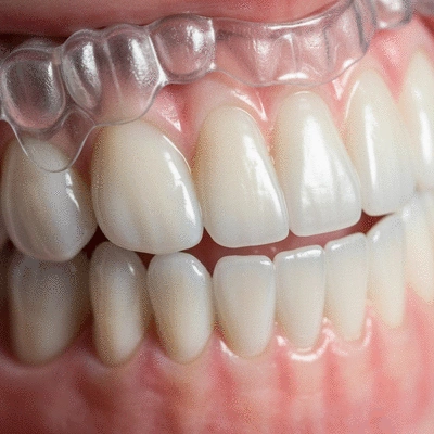 Gros plan sur des aligneurs Invisalign portés sur des dents, montrant leur discrétion