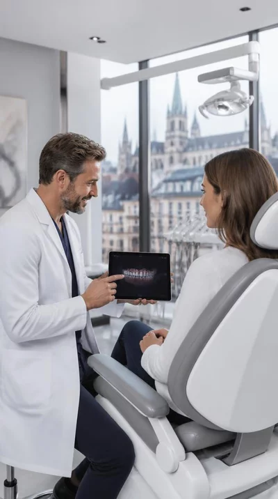 Orthodontist consulting with an adult patient, showing a treatment plan on a tablet in a modern clinic