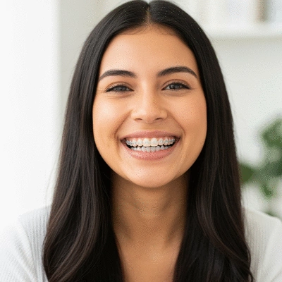 Happy young adult patient with clear aligners smiling, showing healthy teeth, natural light, no text, no words, no typography, 8K