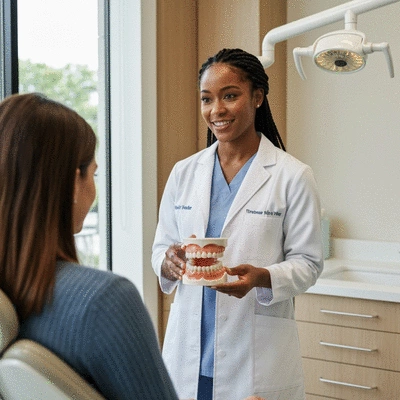Orthodontist consulting with a patient in a modern clinic