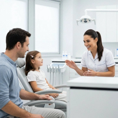 Parent and child discussing dental care with a friendly orthodontist
