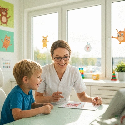 Enfant souriant consultant un orthodontiste, environnement de cabinet lumineux et accueillant