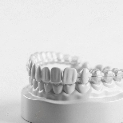 Close-up of clear aligners on a dental model, representing modern personalized orthodontic treatment, no text, no words, no typography, clean image, 8K