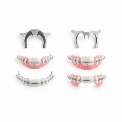 Various types of modern orthodontic devices on a clean white background, no text, no words, no typography, 8K