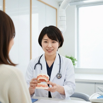 Dentist explaining orthodontic treatment to a patient using a dental model