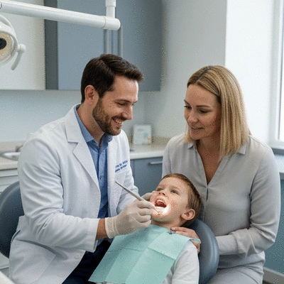 Orthodontist examining a child's teeth with parent present