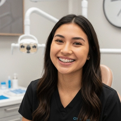 Adult woman smiling confidently, showing clear aligners, in a modern dental office setting