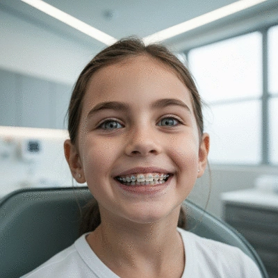 Enfant souriant montrant ses dents, avec un appareil orthodontique discret, dans un environnement clinique lumineux et moderne