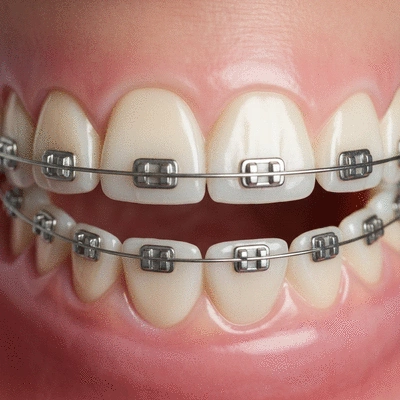 Close-up of invisible lingual braces on the inner surface of teeth