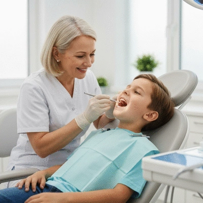 Orthodontist examining child's teeth, professional setting