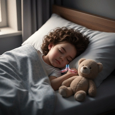 Child sleeping peacefully in bed, with a subtle graphic overlay showing a healthy airway