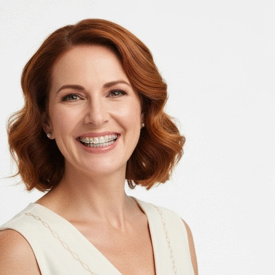 Adult woman smiling confidently after orthodontic treatment, clean background, no text, no words, no typography, 8K