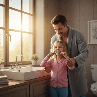 Parent and child brushing teeth together, focus on healthy habits