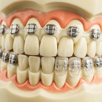 Gros plan sur différents types de brackets orthodontiques (métal, céramique, transparent) sur un modèle dentaire