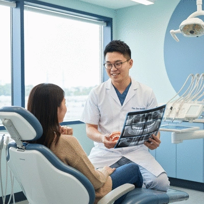 Orthodontist consulting with a patient in a modern dental office, showing a professional and reassuring environment, clean image, no text