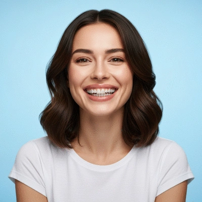 Jeune femme souriante portant des aligneurs transparents, montrant un traitement orthodontique discret et moderne.